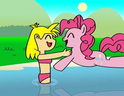 Size: 1014x788 | Tagged: safe, artist:saburodaimando, pinkie pie, human, bikini, clothes, fun, lake, swimsuit, wanda young, water