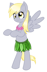 Size: 1024x1567 | Tagged: dead source, safe, artist:diigii-doll, derpy hooves, pony, belly button, bipedal, clothes, cute, derpabetes, grass skirt, hula, leaf skirt, lei, simple background, skirt, solo, transparent background