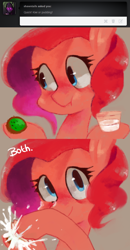 Size: 656x1260 | Tagged: dead source, safe, artist:dhui, pinkie pie, earth pony, pony, ask, food, kiwi fruit, pudding, tired pie