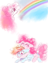 Size: 5000x6579 | Tagged: safe, artist:pinkablue, derpibooru import, pinkie pie, rainbow dash, earth pony, pegasus, pony, absurd resolution, blushing, cute, eye shimmer, female, hug, hug from behind, lesbian, mare, pinkiedash, ponies riding ponies, rainbow, shipping