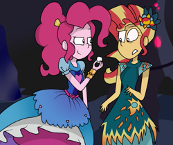 Size: 757x632 | Tagged: safe, artist:rozzertrask, pinkie pie, sunset shimmer, equestria girls, legend of everfree, legend of everfree - bloopers, cave, clothes, crystal gala, dress, duo, food, marshmallow, scene interpretation