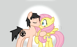 Size: 900x550 | Tagged: safe, artist:ceehoff, fluttershy, oc, oc:connor, human, canon x oc, equestria's first human, female, gradient background, kissing, male, ponified, shipping, straight, wingboner