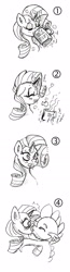 Size: 700x2684 | Tagged: safe, artist:bylisboa, rarity, spike, dragon, pony, unicorn, blushing, comic, drink, drinking, eyes closed, female, grayscale, kissing, male, messy, monochrome, shipping, sparity, straight