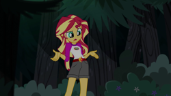 Size: 1280x720 | Tagged: safe, screencap, sunset shimmer, equestria girls, legend of everfree, clothes, female, forest, legs, open mouth, scenery, shorts, solo