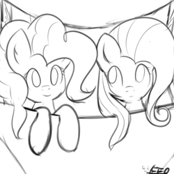 Size: 900x900 | Tagged: safe, artist:freefraq, fluttershy, pinkie pie, earth pony, pegasus, pony, female, flutterpie, lesbian, monochrome, shipping