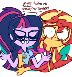 Size: 1000x1078 | Tagged: safe, artist:psychodiamondstar, sci-twi, sunset shimmer, twilight sparkle, equestria girls, legend of everfree, clothes, dialogue, female, glasses, implied timber spruce, jealous, lesbian, protecting, scitwishimmer, shipping, smiling, speech bubble, sunsetsparkle, wide eyes