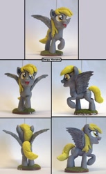 Size: 879x1433 | Tagged: safe, artist:ubrosis, derpy hooves, pegasus, pony, :d, craft, female, figure, mare, raised hoof, sculpture, solo, spread wings