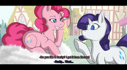 Size: 1800x1000 | Tagged: artist needed, source needed, safe, pinkie pie, rarity, earth pony, pony, unicorn, fake screencap, female, hypnosis, jewelry, lesbian, necklace, raripie, shipping, swirly eyes