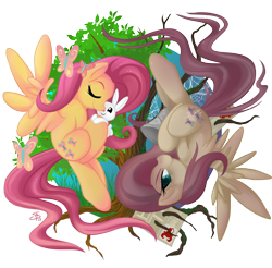 Size: 1352x1328 | Tagged: safe, artist:falleninthedark, part of a set, angel bunny, fluttershy, butterfly, pegasus, pony, bucket, discorded, dual persona, duality, flutterbitch, simple background, transparent background