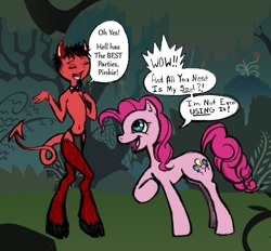 Size: 517x480 | Tagged: safe, artist:soulveiwinterfall, pinkie pie, earth pony, pony, deal with the devil, devil, dialogue, satan, soul, too dumb to live