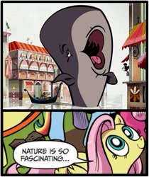 Size: 397x473 | Tagged: safe, fluttershy, pegasus, pony, whale, blue coat, blue eyes, dialogue, disney, female, looking up, mare, meme, mickey mouse, minnie mouse, multicolored tail, nature is so fascinating, new mickey mouse shorts, o sole minnie, obligatory pony, pink coat, pink mane, smiling, speech bubble, willie the whale, wings, yellow coat