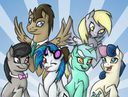 Size: 263x200 | Tagged: safe, artist:celestial-dragoness, bon bon, derpy hooves, dj pon-3, doctor whooves, lyra heartstrings, octavia melody, sweetie drops, vinyl scratch, earth pony, pegasus, pony, unicorn, alternate mane six, background pony, background six, lowres, wings