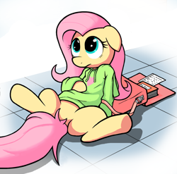 Size: 1014x1000 | Tagged: safe, artist:apony, fluttershy, pegasus, pony, bag, book, clothes, explicit source, featureless crotch, hoodie, paper, solo