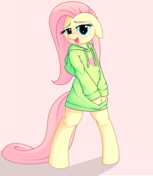Size: 866x1000 | Tagged: safe, artist:apony, fluttershy, pegasus, pony, semi-anthro, :o, bipedal, bottomless, clothes, explicit source, floppy ears, hoodie, implied futa, looking at you, mouth, open mouth, simple background, smiling, solo