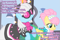 Size: 721x480 | Tagged: safe, fluttershy, photo finish, pegasus, pony, caption, garbage (band), image macro, modelshy, song reference