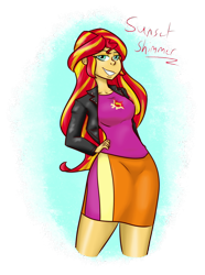 Size: 1012x1363 | Tagged: safe, artist:randythealicorn, sunset shimmer, equestria girls, clothes, female, jacket, leather jacket, skirt, solo