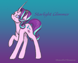 Size: 1391x1129 | Tagged: safe, artist:shatteredice3, starlight glimmer, pony, unicorn, gradient background, looking at you, raised hoof, smug, solo