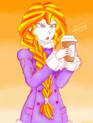 Size: 1091x1446 | Tagged: safe, artist:dragonemperror2810, sunset shimmer, equestria girls, alternate hairstyle, braid, clothes, coat, coffee, cup, gradient background, human coloration, open mouth, signature, solo, winter outfit