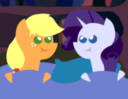 Size: 450x350 | Tagged: safe, artist:mrponiator, applejack, rarity, earth pony, pony, unicorn, animated, bed, pointy ponies, scrunch battle, scrunchy face, vibrating, what i learned today