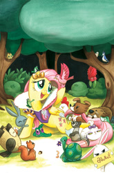 Size: 800x1213 | Tagged: useless source url, safe, artist:amy mebberson, idw, angel bunny, fluttershy, gummy, opalescence, owlowiscious, tank, winona, fruit bat, pegasus, pony, comic, cover, disney, elizabeak, snow white