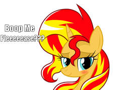 Size: 4328x3096 | Tagged: safe, artist:lovehtf421, sunset shimmer, pony, unicorn, equestria girls, absurd resolution, blushing, boop, boop request, bronybait, bust, dialogue, lidded eyes, looking at you, portrait, simple background, smiling, solo, white background