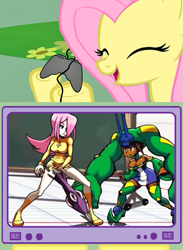 Size: 563x771 | Tagged: safe, fluttershy, pegasus, pony, brazil, cerebella, controller, exploitable meme, eyes closed, female, gamershy, happy, hoof hold, mare, meme, open mouth, palette swap, parasoul, pink mane, screen, skullgirls, smiling, tv meme, yellow coat