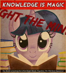 Size: 930x1029 | Tagged: safe, artist:0okami-0ni, artist:retro melon, derpibooru import, twilight sparkle, pony, unicorn, fallout equestria, book, fallout, fanfic, fanfic art, female, horn, looking at you, mare, ministry mares, ministry of arcane sciences, poster, propaganda, propaganda poster, smiling, solo, text