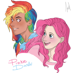 Size: 900x900 | Tagged: safe, artist:icananas, derpibooru import, pinkie pie, rainbow dash, human, bust, humanized, moderate dark skin, portrait, watermark