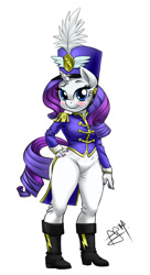 Size: 700x1287 | Tagged: safe, artist:pia-sama, rarity, anthro, unicorn, testing testing 1-2-3, ancient wonderbolts uniform, blushing, boots, clothes, female, hat, looking at you, nail polish, sgt. rarity, shako, shoes, smiling, solo, tight clothing, uniform