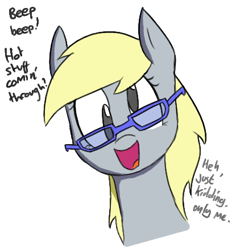 Size: 422x439 | Tagged: safe, artist:shoutingisfun, derpy hooves, pegasus, pony, colored, cute, derpabetes, dialogue, female, glasses, happy, it was me, looking at you, mare, open mouth, self deprecation, simple background, solo, talking to viewer, white background