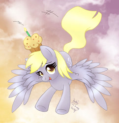 Size: 1180x1220 | Tagged: safe, artist:joakaha, derpy hooves, pegasus, pony, birthday, cute, derpabetes, female, flying, mare, muffin, smiling, solo, spread wings