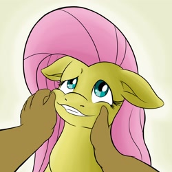 Size: 3200x3200 | Tagged: safe, artist:vulapa, fluttershy, human, floppy ears, forced, grin, pinch, pov, smiling, unhappy