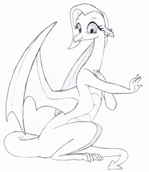 Size: 520x602 | Tagged: safe, artist:queencold, fluttershy, dragon, dragoness, dragonified, flutterdragon, monochrome, sketch, smiling, solo, species swap