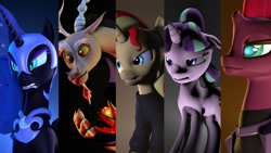 Size: 1024x576 | Tagged: safe, artist:mrwithered, discord, nightmare moon, starlight glimmer, sunset shimmer, tempest shadow, pony, unicorn, my little pony: the movie, 3d, source filmmaker