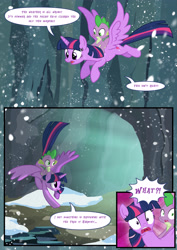 Size: 3500x4951 | Tagged: safe, artist:light e7fe, artist:light262, artist:lummh, spike, twilight sparkle, twilight sparkle (alicorn), alicorn, dragon, pony, comic:timey wimey, comic, female, mare, snow, snowfall