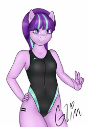 Size: 1847x2659 | Tagged: safe, artist:nero9, starlight glimmer, anthro, earth pony, clothes, cute, equal cutie mark, glimmerbetes, hand on hip, high-cut clothing, missing horn, one-piece swimsuit, peace sign, race swap, signature, sports swimsuit, swimsuit