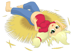 Size: 13500x9600 | Tagged: safe, artist:xniclord789x, applejack, equestria girls, absurd resolution, and that's how apple bloom was made, barefoot, bedroom eyes, belly, belly button, big belly, feet, hay, looking at you, on back, pregnant, simple background, solo, transparent background