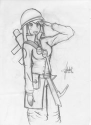 Size: 762x1048 | Tagged: safe, artist:oyedraws, derpy hooves, pegasus, pony, crossover, female, mare, monochrome, soldier, solo, team fortress 2, traditional art