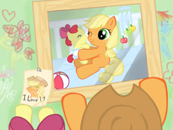 Size: 1024x771 | Tagged: safe, artist:lemoncocktail, derpibooru import, apple bloom, applejack, rainbow dash, earth pony, pegasus, pony, baby, baby pony, filly, foal, photo