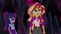 Size: 1280x720 | Tagged: safe, screencap, sci-twi, sunset shimmer, twilight sparkle, equestria girls, legend of everfree, cave, clothes, open mouth, shorts