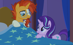 Size: 871x532 | Tagged: safe, screencap, starlight glimmer, sunburst, pony, unicorn, uncommon bond, bed, bed mane, talking