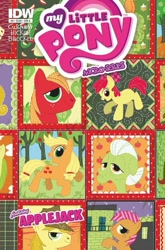 Size: 659x1000 | Tagged: safe, artist:amy mebberson, idw, apple bloom, apple brown betty, apple fritter, applejack, babs seed, big macintosh, braeburn, granny smith, mosely orange, uncle orange, earth pony, pony, apple family, apple family member, comic cover, cover, male, offscreen character, quilt, stallion