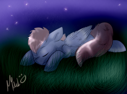 Size: 1024x756 | Tagged: safe, artist:rflzqt, derpy hooves, pegasus, pony, eyes closed, female, grass, mare, night, prone, sleeping, solo, stars