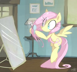 Size: 1297x1208 | Tagged: dead source, safe, artist:yuji8sushi, fluttershy, earth pony, mouse, pegasus, pony, brush, brushing, flying, grooming, mirror, solo