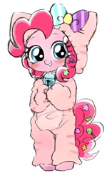 Size: 931x1554 | Tagged: safe, artist:momo, pinkie pie, cat, earth pony, pony, askharajukupinkiepie, bell, bell collar, bipedal, blushing, bow, clothes, collar, costume, cute, diapinkes, eye clipping through hair, grin, kigurumi, looking at you, pajamas, pinkie cat, smiling, solo