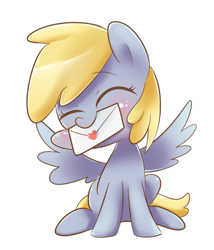 Size: 600x700 | Tagged: safe, artist:sion-ara, derpy hooves, pegasus, pony, blushing, eyes closed, female, letter, mare, mouth hold, sitting, solo, spread wings