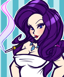 Size: 600x727 | Tagged: safe, artist:juurikun, rarity, human, cigarette, cigarette holder, cleavage, female, humanized, looking at you, smoking, solo, tight clothing