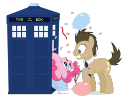 Size: 1000x800 | Tagged: safe, artist:dm29, doctor whooves, pinkie pie, earth pony, pony, balloon, confetti, duo, simple background, sonic screwdriver, tardis, transparent background