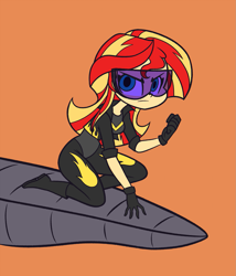 Size: 1285x1500 | Tagged: safe, artist:khuzang, sunset shimmer, equestria girls, alternate universe, clothes, equestrian city, fanfic, fanfic art, gloves, looking at you, serious, serious face, simple background, solo, superhero, visor