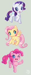 Size: 702x1650 | Tagged: safe, artist:mazzlebee, fluttershy, pinkie pie, rarity, earth pony, pegasus, pony, unicorn, blushing, cute, open mouth, pointing, raised hoof, silly face, smiling, spread wings, wide eyes, wink